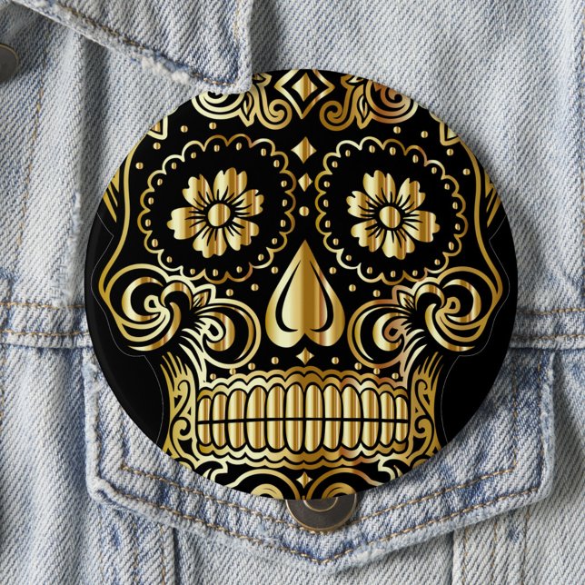 Sugar Skull Art, Day of the Dead Black and Gold 10 Cm Round Badge (Creator Uploaded)