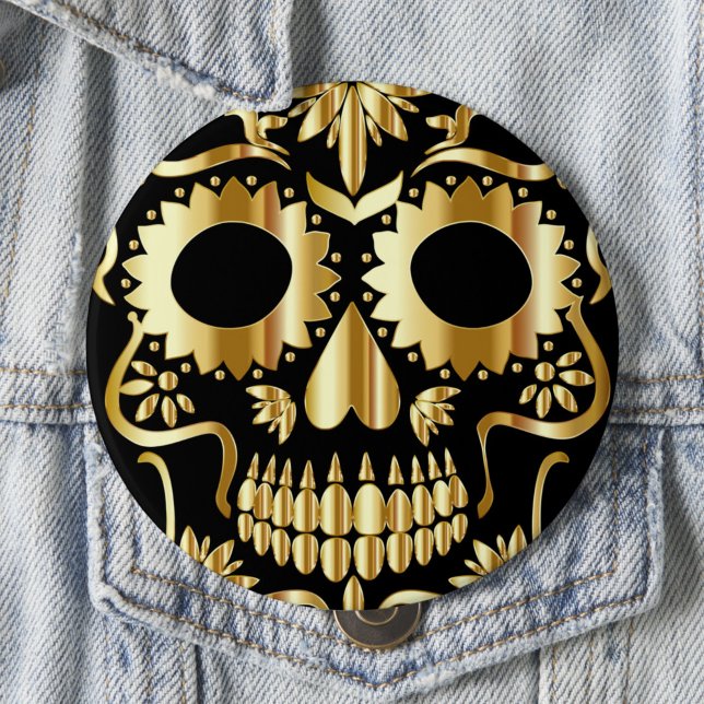Sugar Skull Art, Day of the Dead Black and Gold 10 Cm Round Badge (Creator Uploaded)