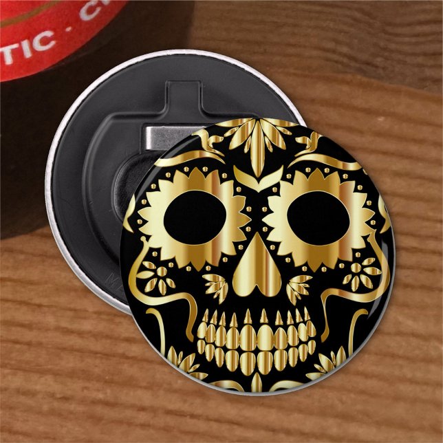 Sugar Skull Art, Day of the Dead Black and Gold Bottle Opener (Creator Uploaded)