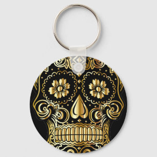 Sugar Skull Art, Day of the Dead Black and Gold Key Ring