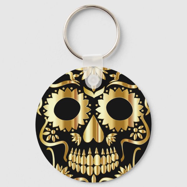 Sugar Skull Art, Day of the Dead Black and Gold Key Ring (Front)