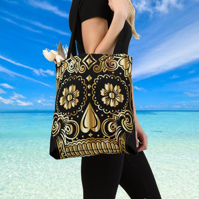 Sugar Skull Art, Day of the Dead Black and Gold Tote Bag (Creator Uploaded)