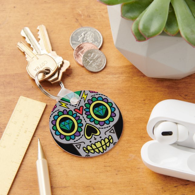 Sugar Skull Art, Day of the Dead Key Ring (Desk)