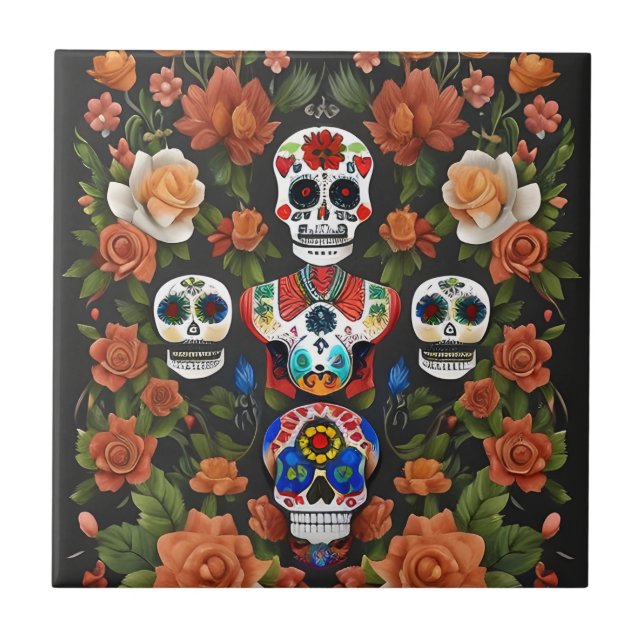 Sugar Skull Art - Dia de los Muertos Ceramic Tile (Front)