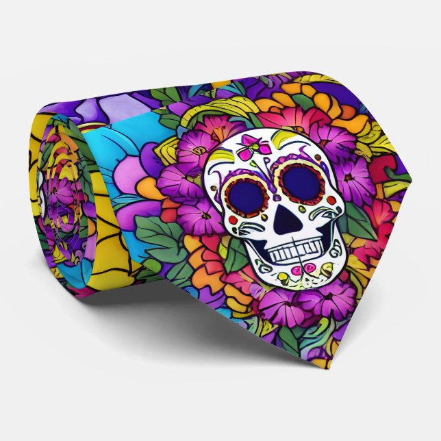 Sugar Skull Art -  Día de los Muertos Delight Tie (Rolled)