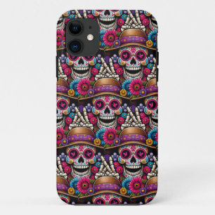Sugar Skull Art - Día de los Muertos Peace Sign iPhone 11 Case