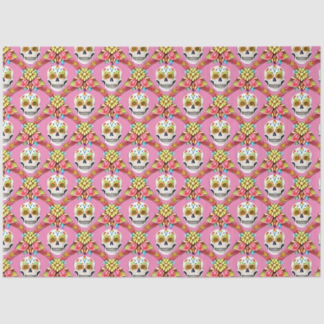 Sugar Skull Art - Diagonal Grid (Pink) Tissue Paper (Front)
