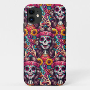 Sugar Skull Art - Female Skull Flashing Peace Sign iPhone 11 Case