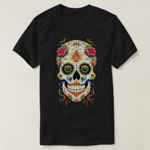 Sugar Skull Art - Festive with Pink Roses T-Shirt