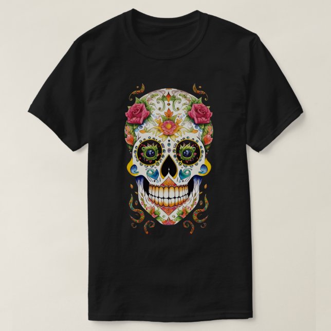 Sugar Skull Art - Festive with Pink Roses T-Shirt (Design Front)
