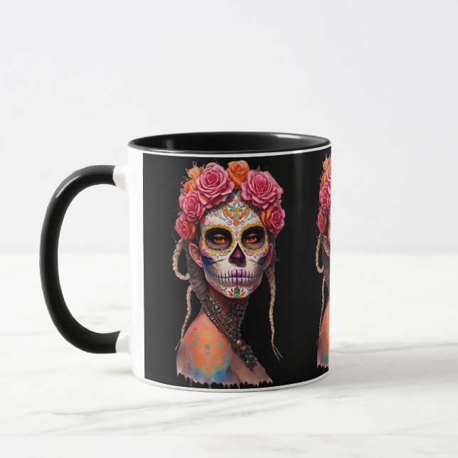 Sugar Skull Art - Girl with Braided Hair and Pink Mug (Left)