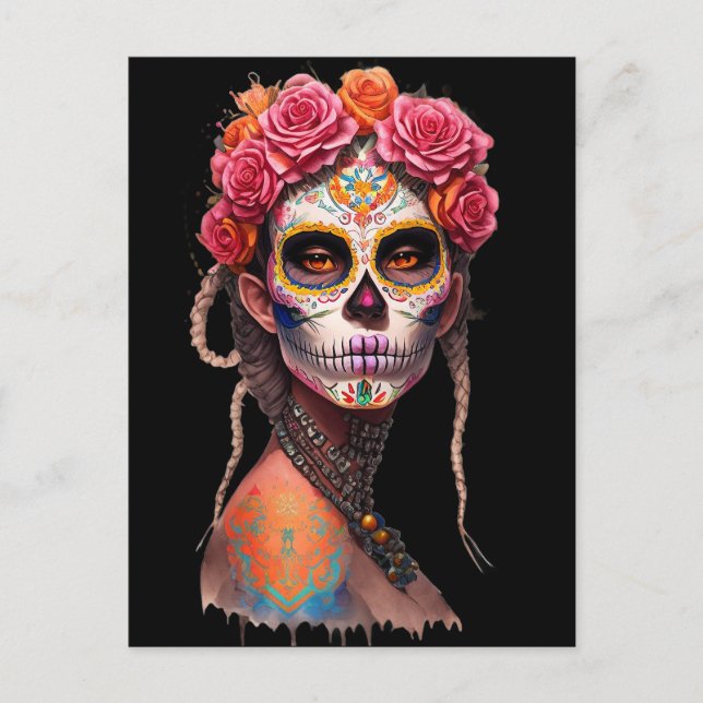 Sugar Skull Art - Girl with Braided Hair and Pink Postcard (Front)
