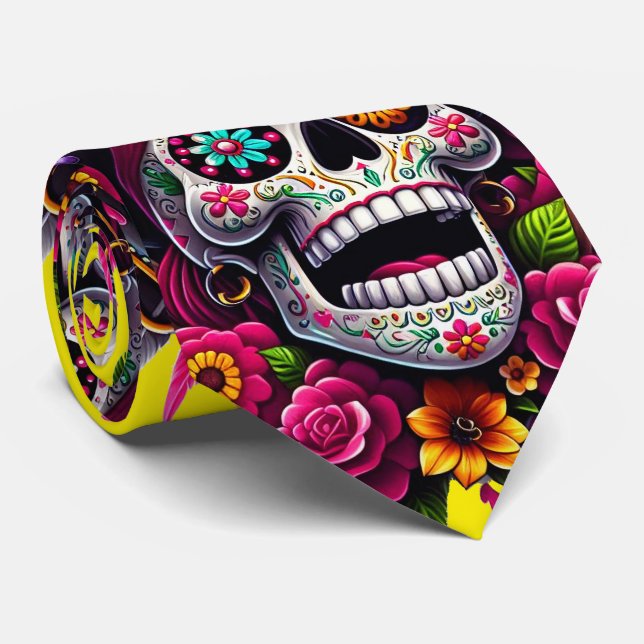 Sugar Skull Art - Jolly Pirate Skull (Yellow) Tie (Rolled)