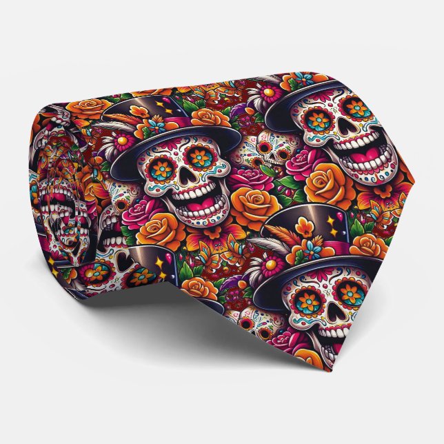 Sugar Skull Art - Marigold Sugar Skull Tie (Rolled)