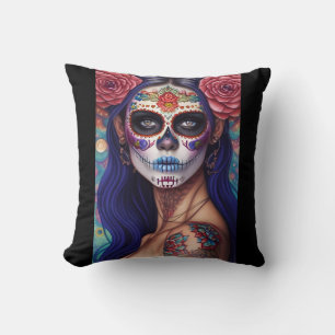 Sugar Skull Art - Roses and Revelry Cushion