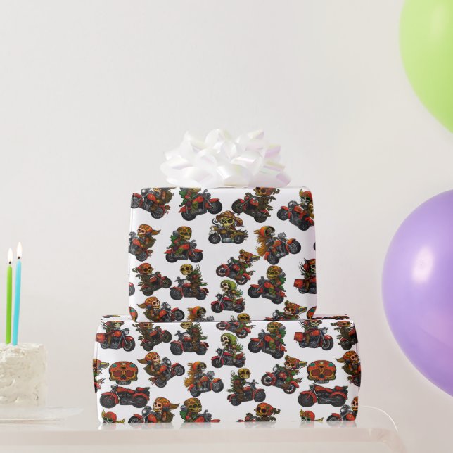 Sugar Skull Art - Skeleton Biker Pattern (White) Wrapping Paper (Party Gifts)