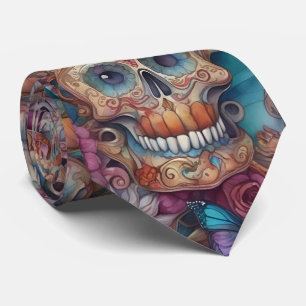 Sugar Skull Art - Skulls and Butterflies Tie