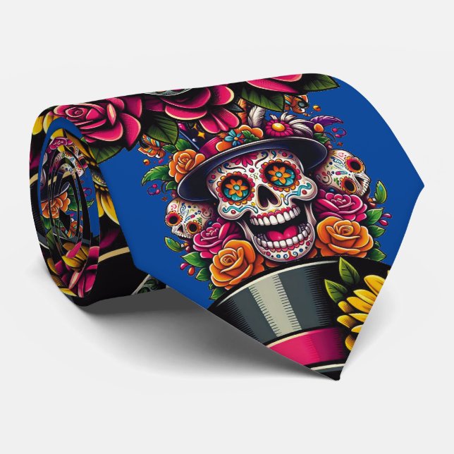 Sugar Skull Art -Top Hat Floral Fiesta (Blue) Tie (Rolled)