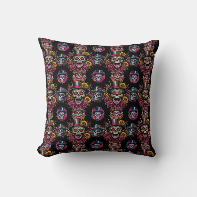 Sugar Skull Art -Top Hat Floral Fiesta Cushion (Front)