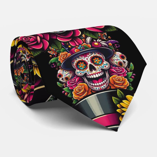 Sugar Skull Art -Top Hat Floral Fiesta Tie (Rolled)
