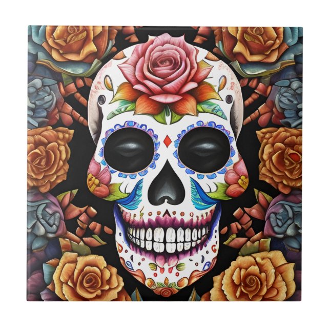 Sugar Skull Art - Traditional Mexican Skull Ceramic Tile (Front)