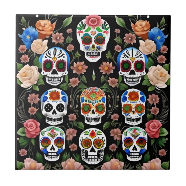 Sugar Skull Art - Vibrant Remembrance Ceramic Tile (Front)