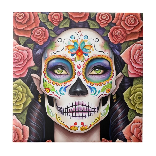 Sugar Skull Art - Woman in Dazzling Makeup Ceramic Tile (Front)