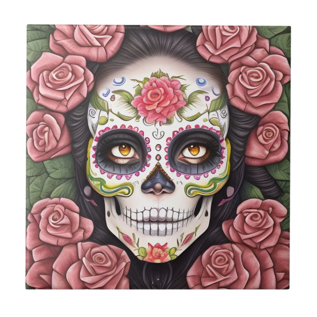 Sugar Skull Art - Woman with Makeup Ceramic Tile (Front)