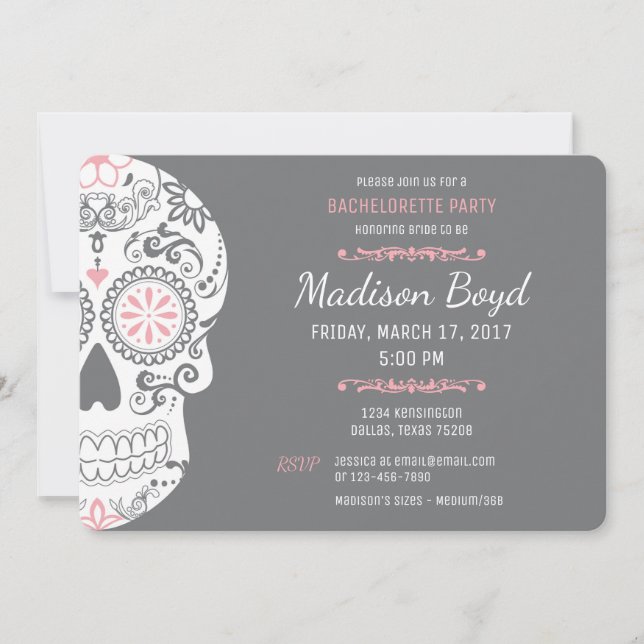 Sugar Skull Bachelorette Party Pink & Grey Invites (Front)
