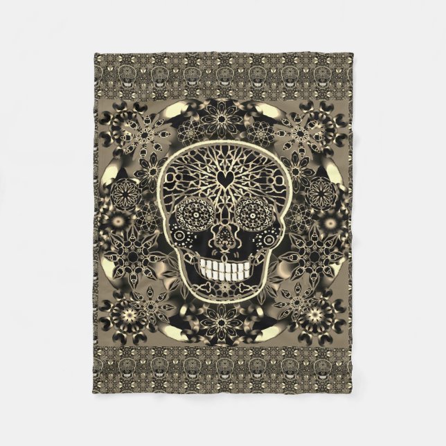 Sugar Skull Black and Gold Fleece Blanket (Front)