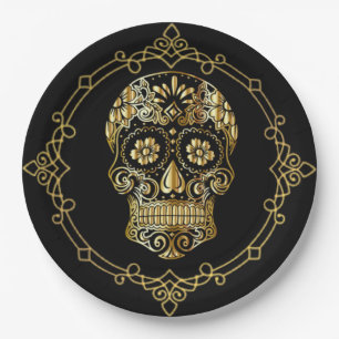 Sugar Skull Black and Gold Luncheon Paper Plate