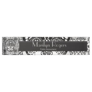 Sugar Skull Black and White Nameplate