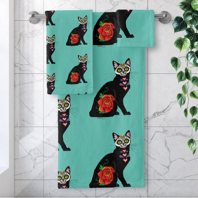 Sugar Skull Black Cat Bath Towel Set (Creator Uploaded)