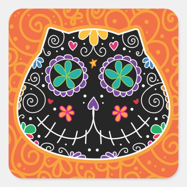Sugar Skull Black Cat Day of the Dead Square Sticker (Front)