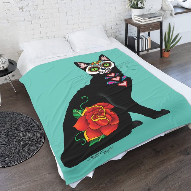 Sugar Skull Black Cat Fleece Blanket (Creator Uploaded)