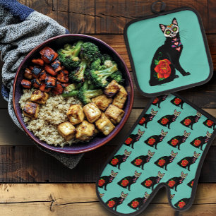 Sugar Skull Black Cat Oven Mitt & Pot Holder Set