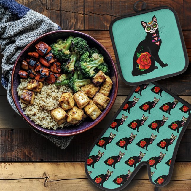 Sugar Skull Black Cat Oven Mitt & Pot Holder Set (Creator Uploaded)