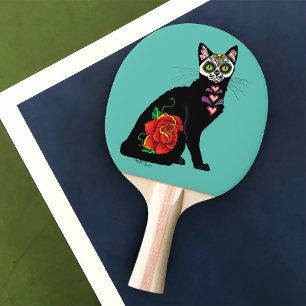 Sugar Skull Black Cat Ping Pong Paddle