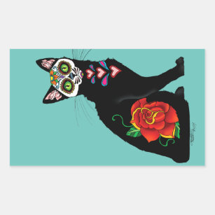 Sugar Skull Black Cat Rectangular Sticker