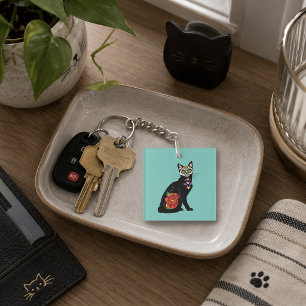 Sugar Skull Black Cat Rose Teal Heart Key Ring