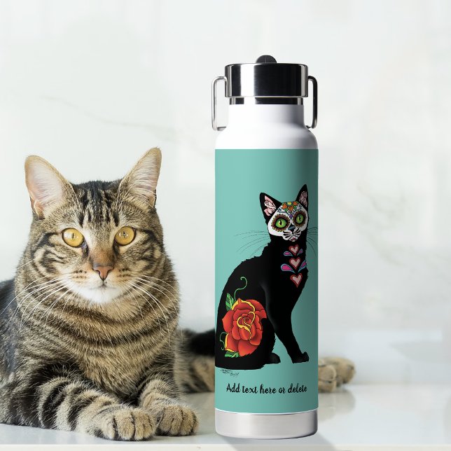 Sugar Skull Black Cat Rose Teal Heart Water Bottle (Creator Uploaded)