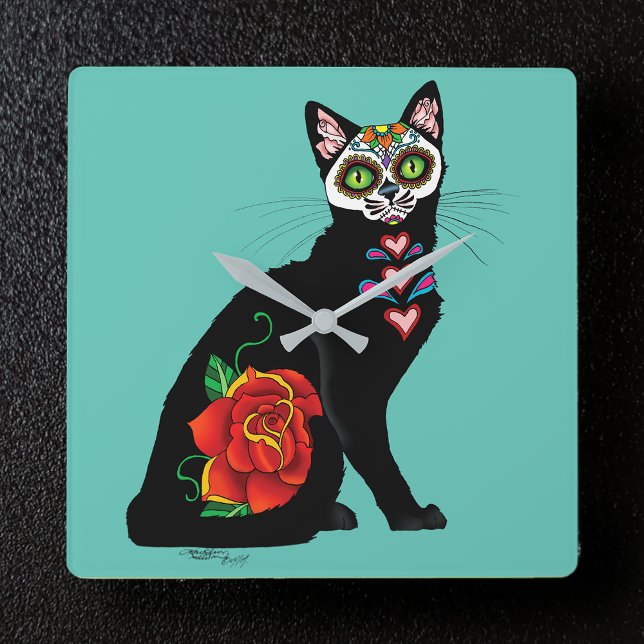 Sugar Skull Black Cat Square Wall Clock (Creator Uploaded)