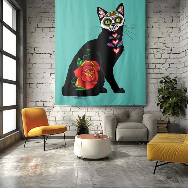 Sugar Skull Black Cat Tapestry (Creator Uploaded)