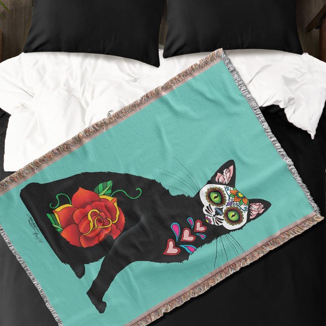 Sugar Skull Black Cat Throw Blanket (Creator Uploaded)