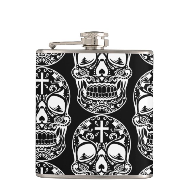 Sugar Skull Black.png Hip Flask (Front)