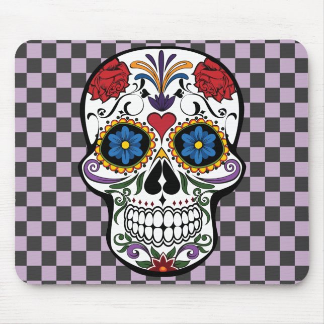 Sugar Skull Black & Purple Chequered-Day of The De Mouse Pad (Front)