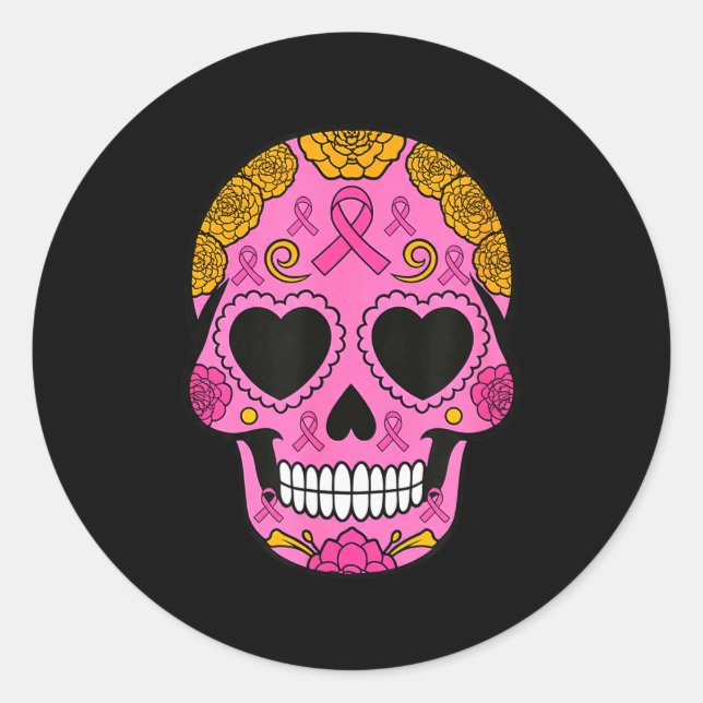 Sugar Skull Breast Cancer Awareness Nk Ribbon Cala Classic Round Sticker (Front)