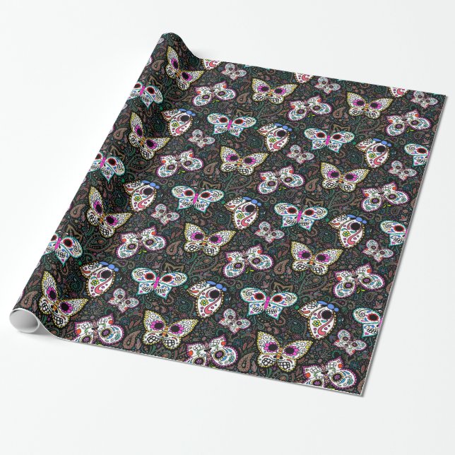 Sugar skull butterflies gift wrap wrapping paper (Unrolled)