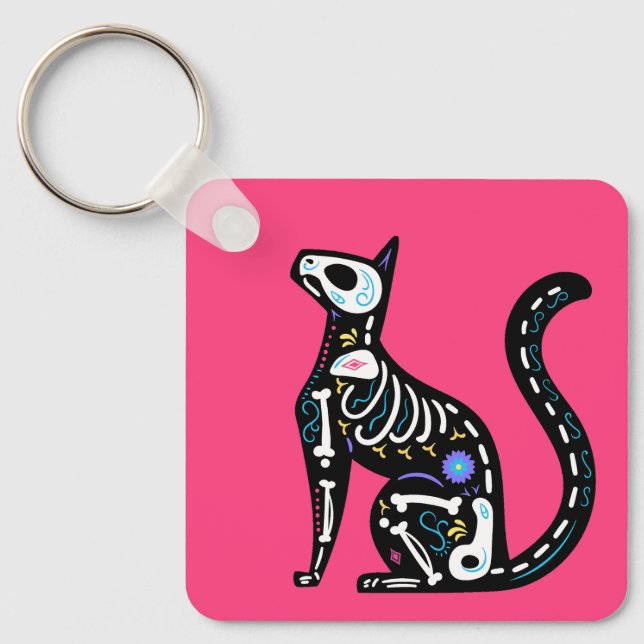 Sugar Skull Calavera Cat III Key Ring (Front)