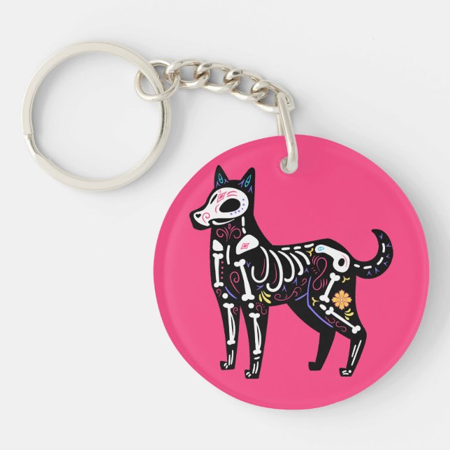 Sugar Skull Calavera Dog II Key Ring (Front)